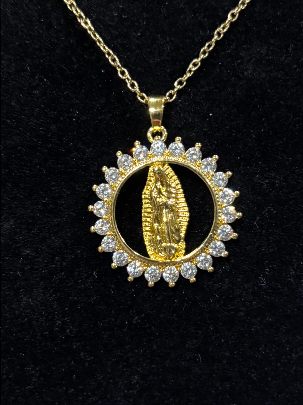 Gold Virgin Mary Pendant Necklace with CZ Clear Stones